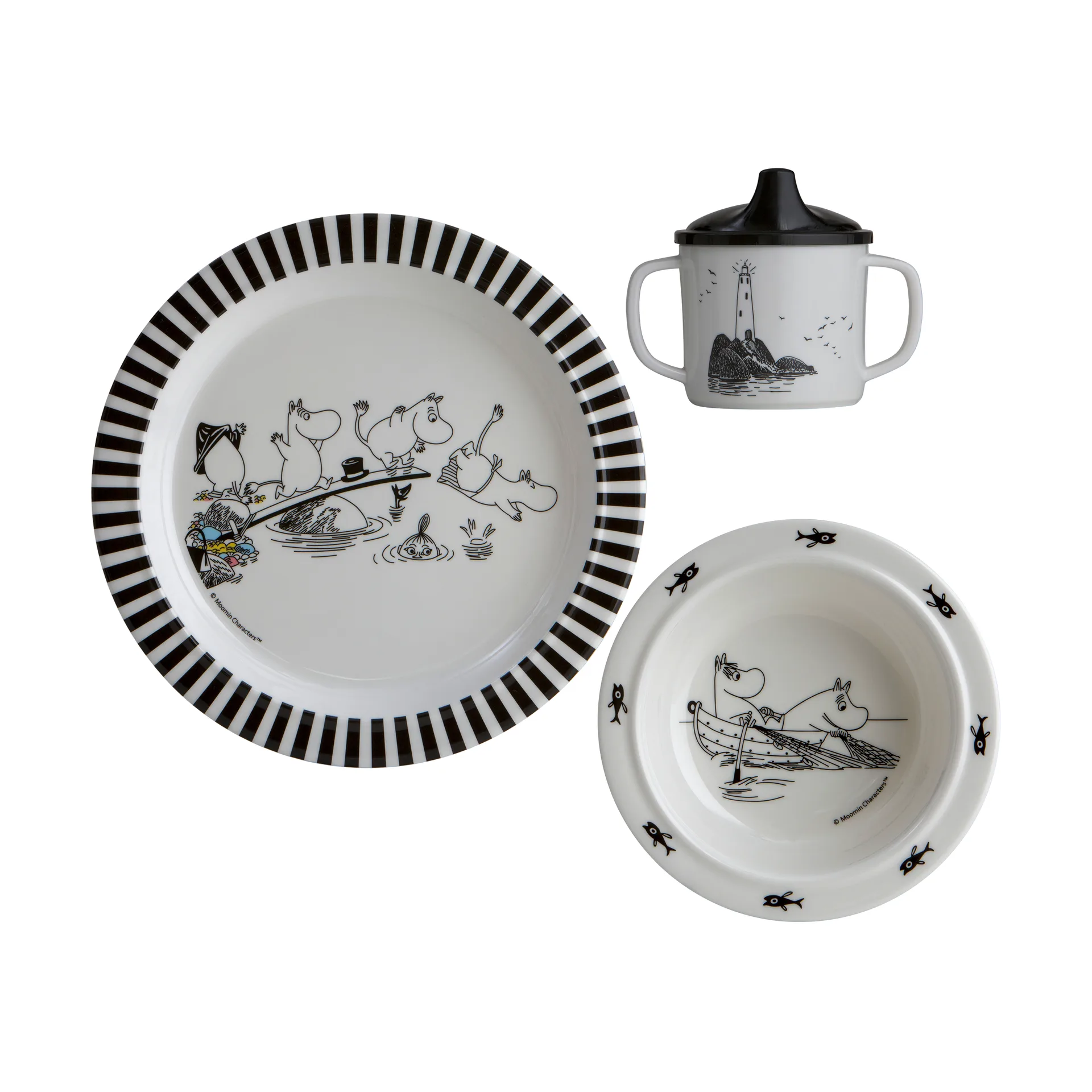 Set di stoviglie per bambini Mumin Vatten & Bad 3 pezzi, Nero-bianco Rätt Start
