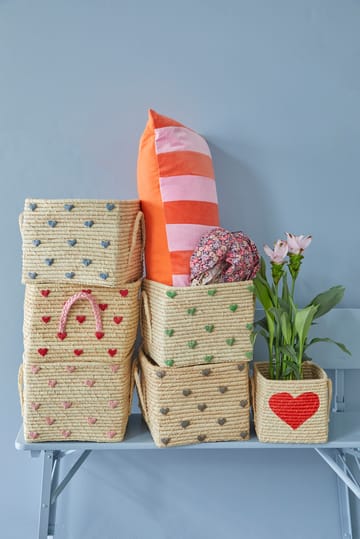 Scatola in rafia con manico Rice 30x30 cm - Cuori grigio scuro - RICE
