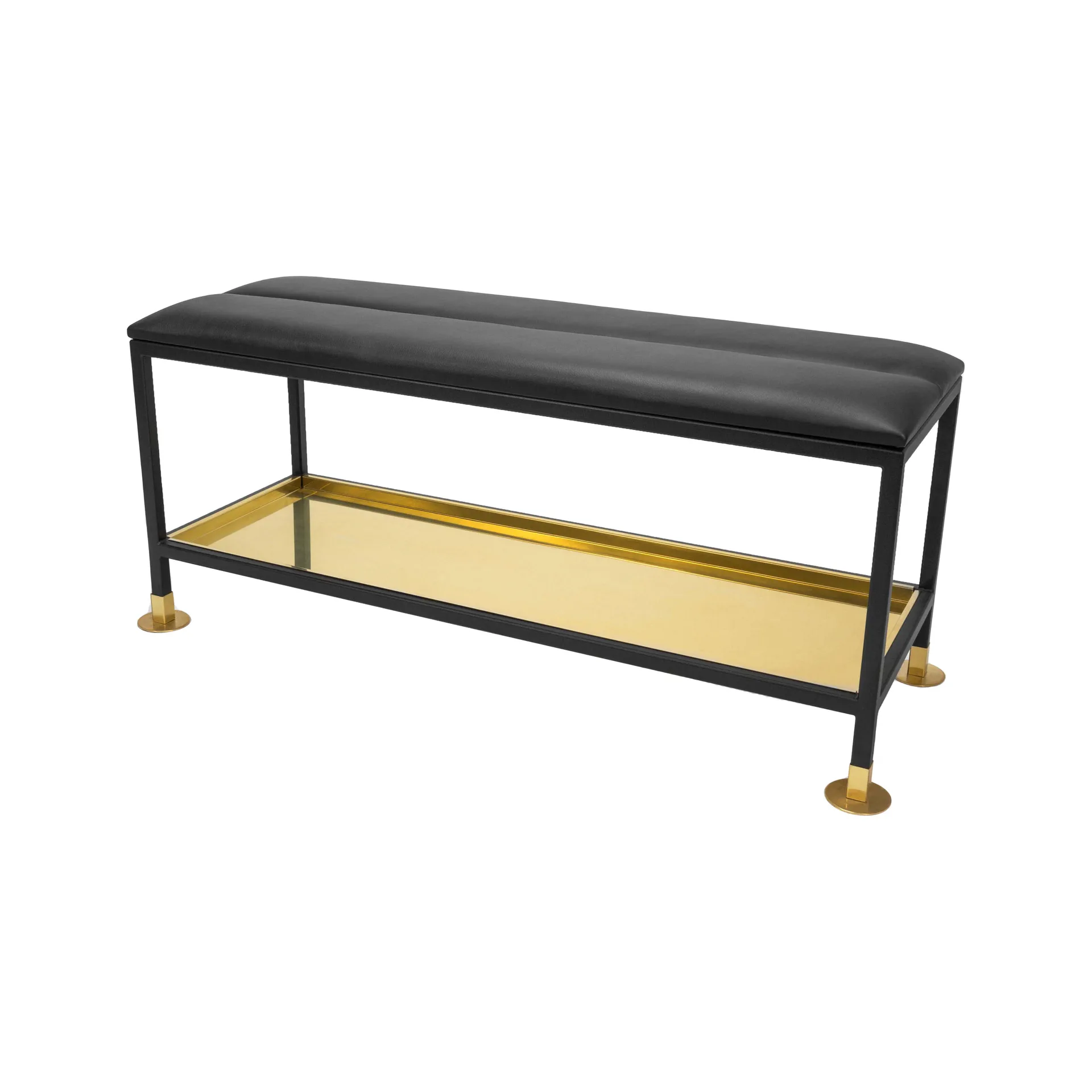 Scarpiera 11, nero/ottone, cuscino in pelle nera Scherlin