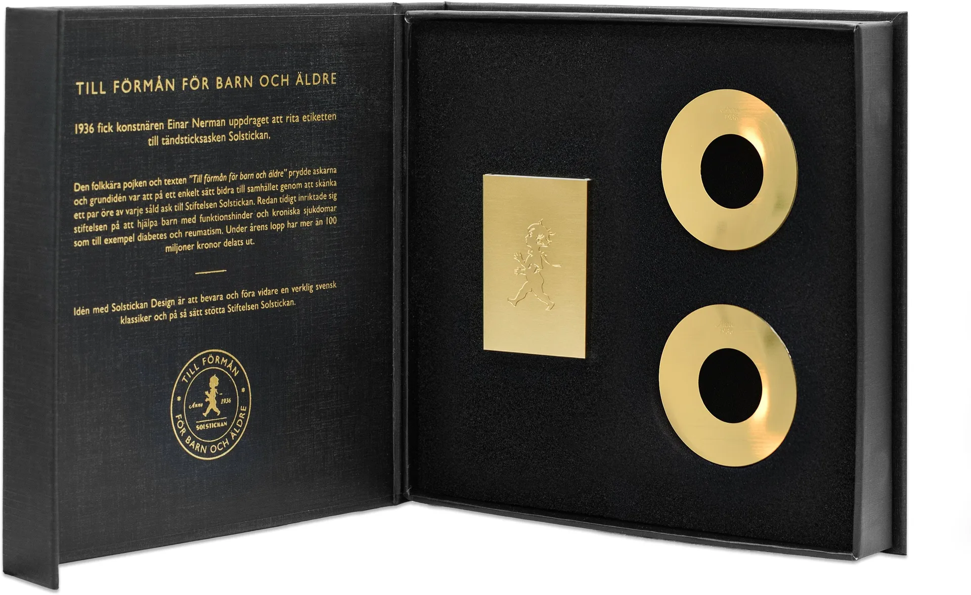 Solstickan box celebrativa, 1 pz scatola di fiammiferi, 2 pz gocciolatoi per candele, in ottone Solstickan Design