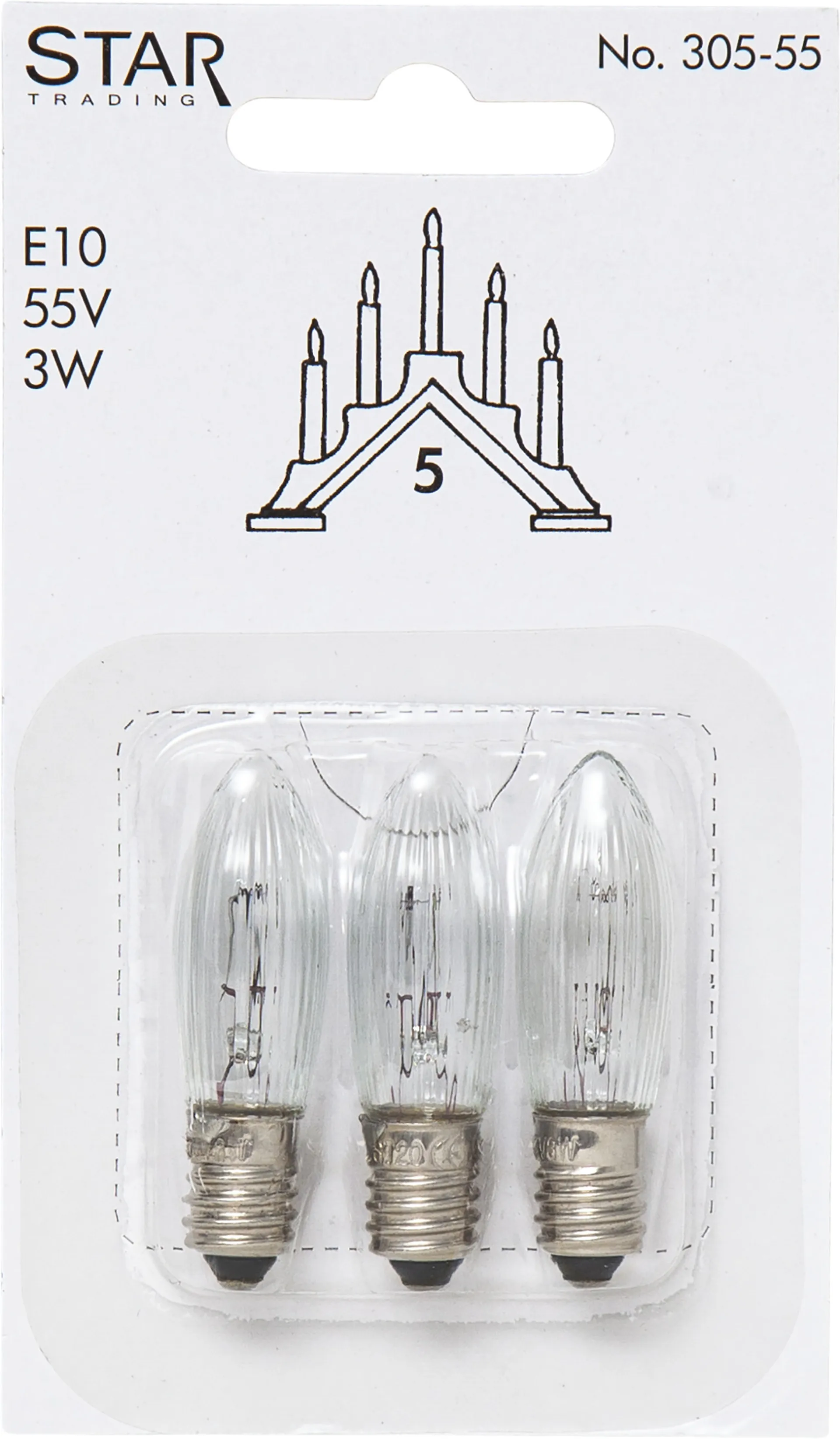 Lampadina di ricambio E10 Star Trading, in confezione da 3, 305-55 (5-braccia) Star Trading