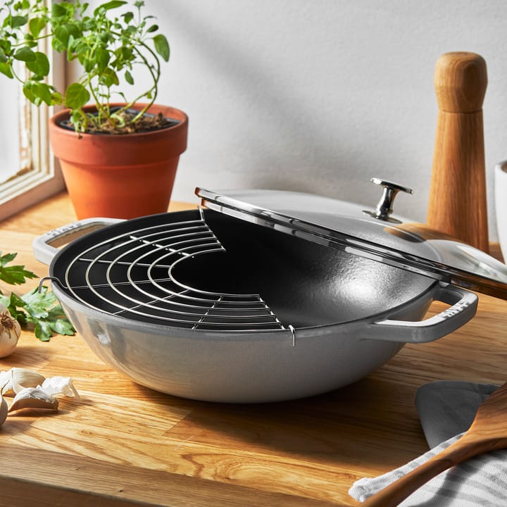 Wok Staub in ghisa con coperchio in vetro Ø30 cm, White truffle STAUB