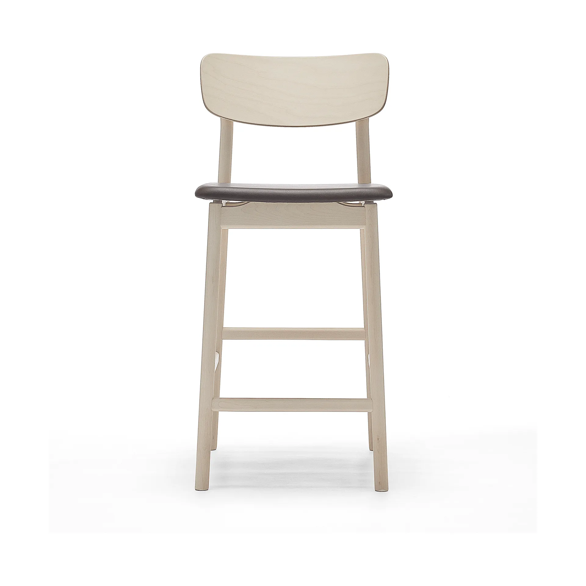 Sgabello da bar Prima Vista, cuoio Elmosoft marrone scuro, base in betulla chiara laccata opaca, 65 cm Stolab