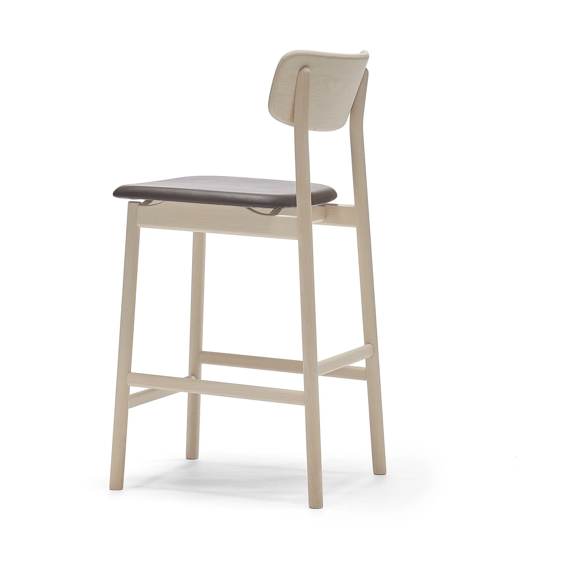 Sgabello da bar Prima Vista, cuoio Elmosoft marrone scuro, base in betulla chiara laccata opaca, 65 cm Stolab