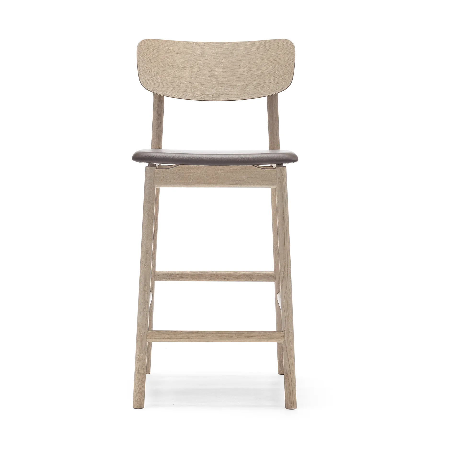 Sgabello da bar Prima Vista, cuoio Elmosoft marrone scuro, base in rovere oliato bianco Stolab