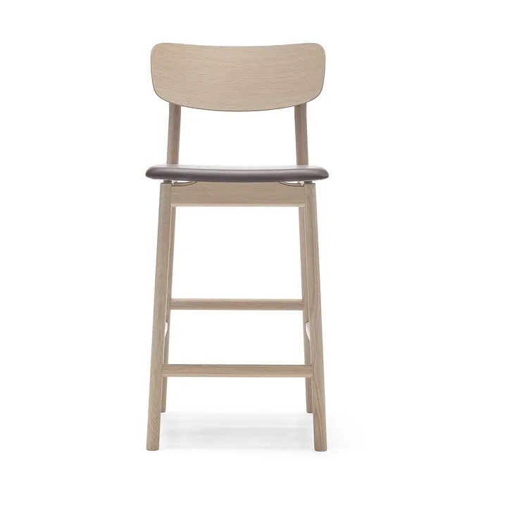 Sgabello da bar Prima Vista - cuoio Elmosoft marrone scuro, base in rovere oliato bianco - Stolab
