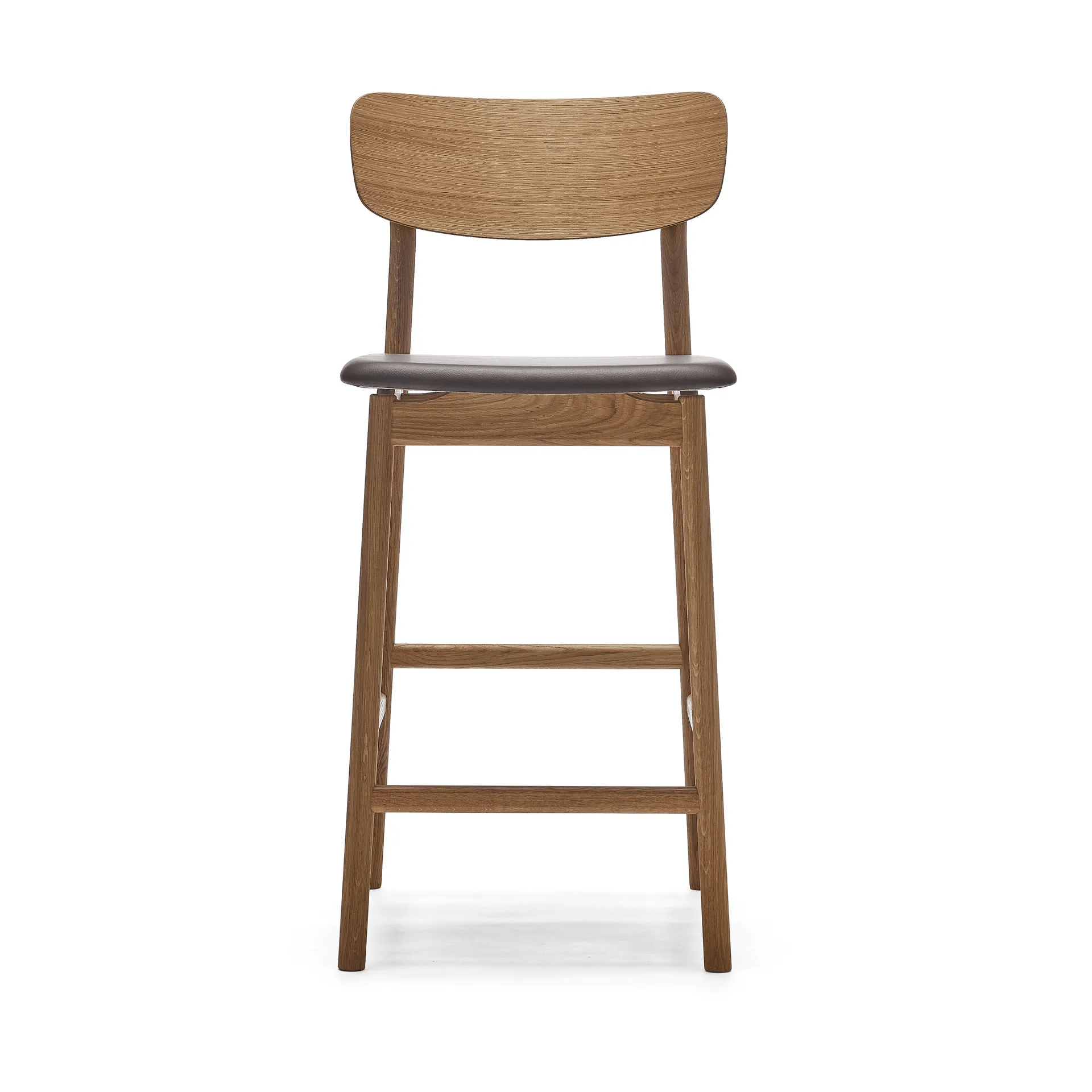 Sgabello da bar Prima Vista, cuoio Elmosoft marrone scuro, base in rovere oliato colore naturale Stolab