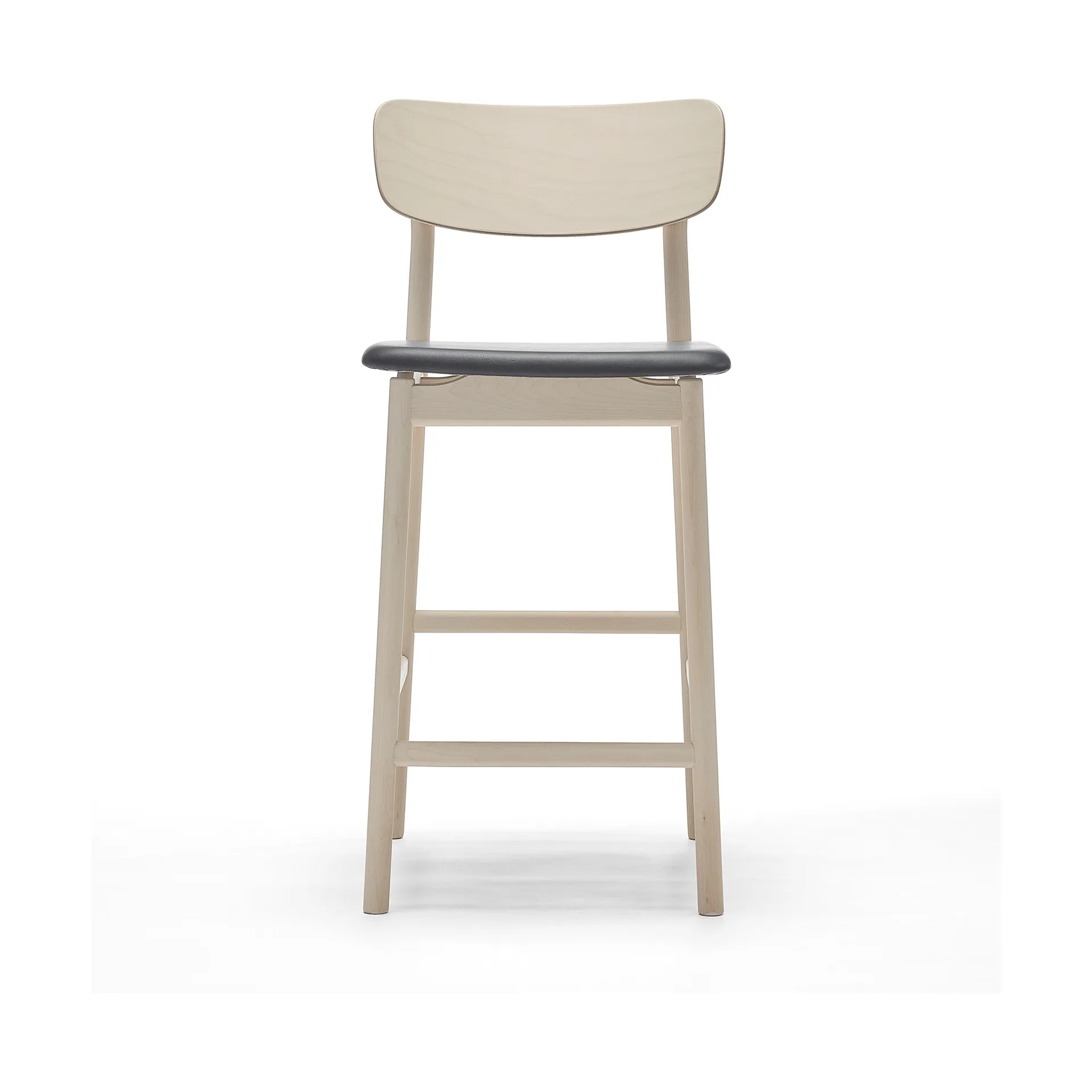 Sgabello da bar Prima Vista, cuoio Elmosoft nero-base in betulla chiara lac, 65 cm Stolab
