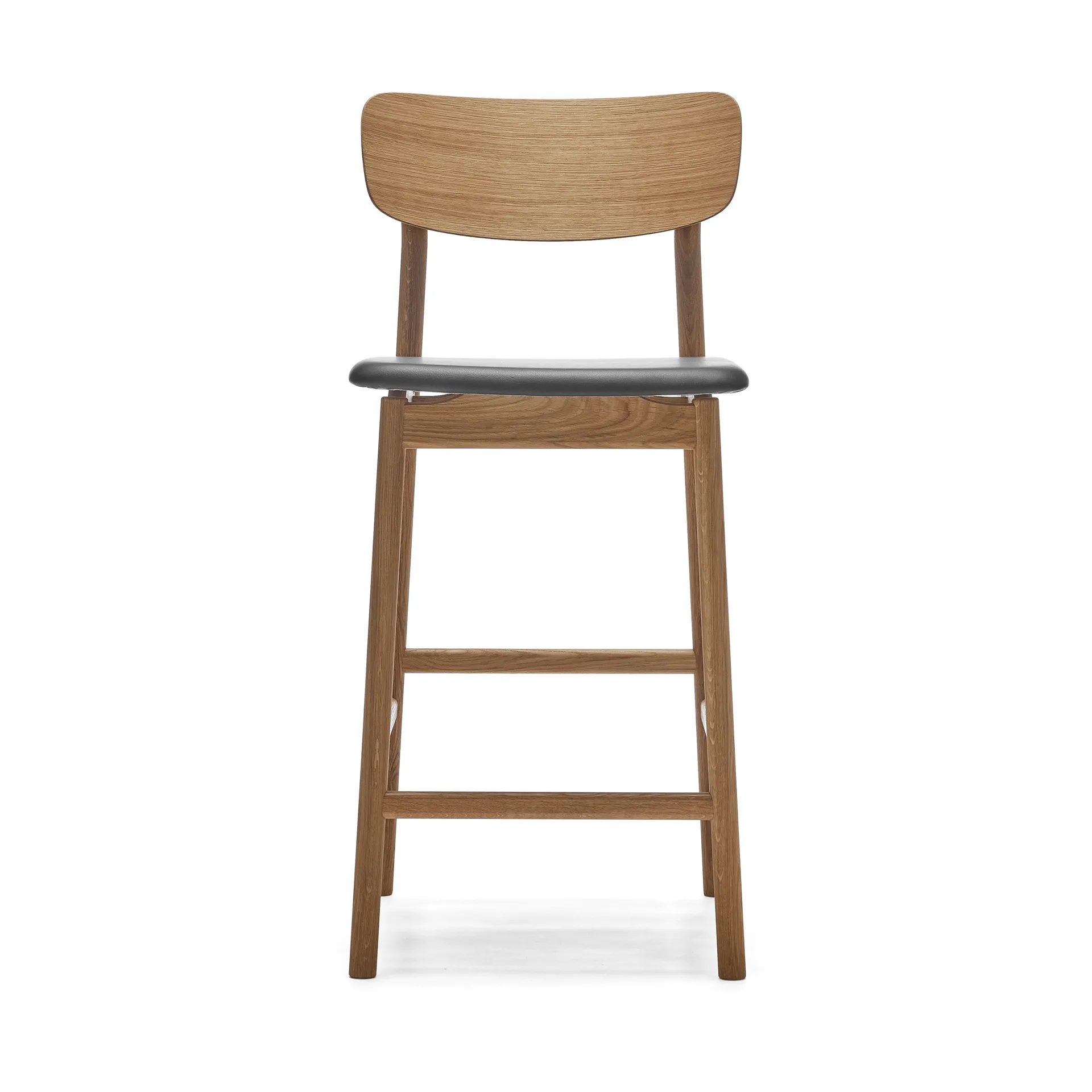 Sgabello da bar Prima Vista, cuoio Elmosoft nero, base in rovere oliato colore naturale, 65 cm Stolab