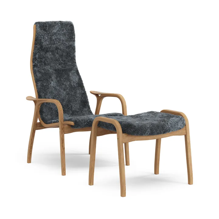 Lamino poltrona e poggiapiedi in rovere oliato/pelle di pecora - Charcoal (grigio scuro) - Swedese