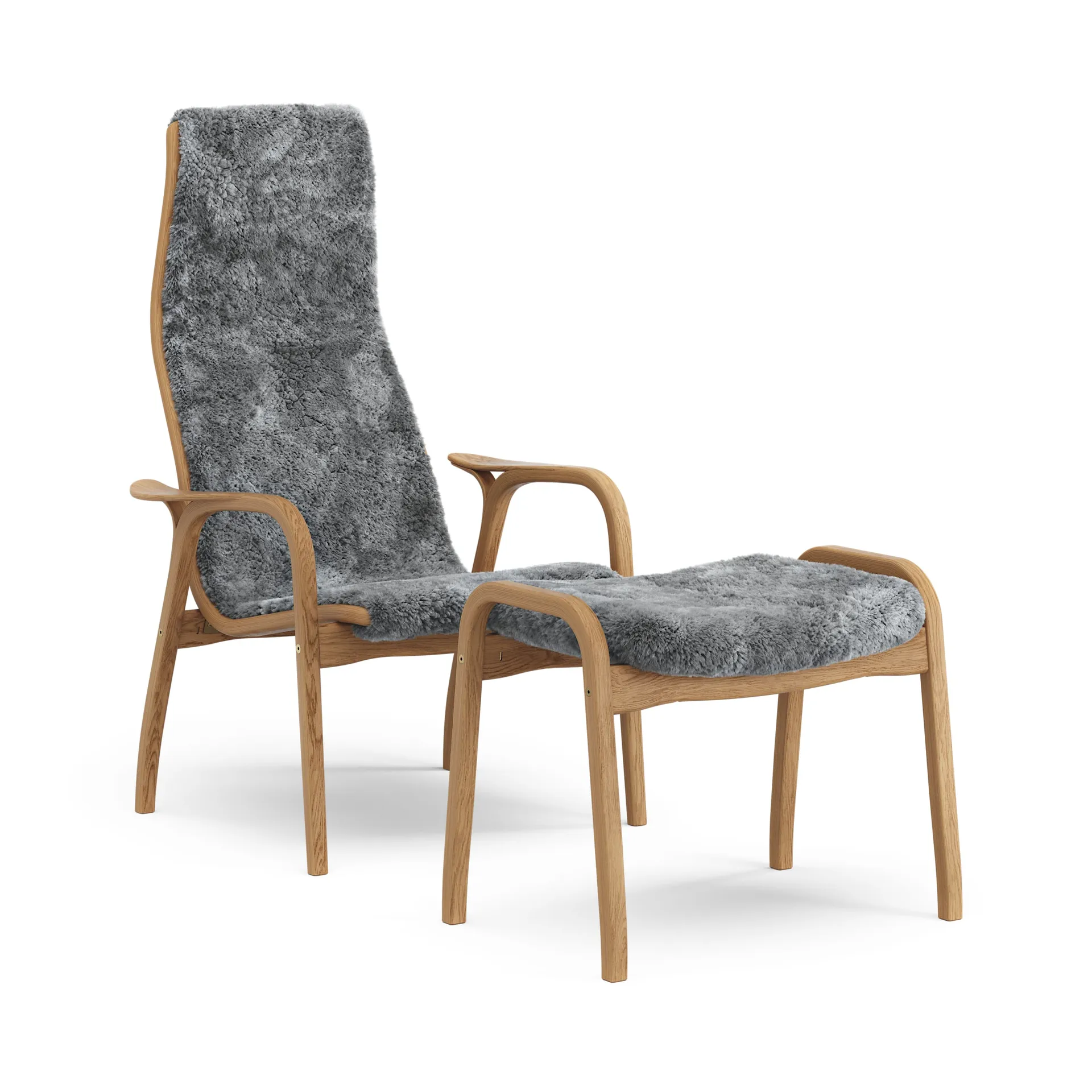 Poltrona e poggiapiedi Lamino in rovere oliato e pelle di pecora, Grigio scandinavo (grigio) Swedese