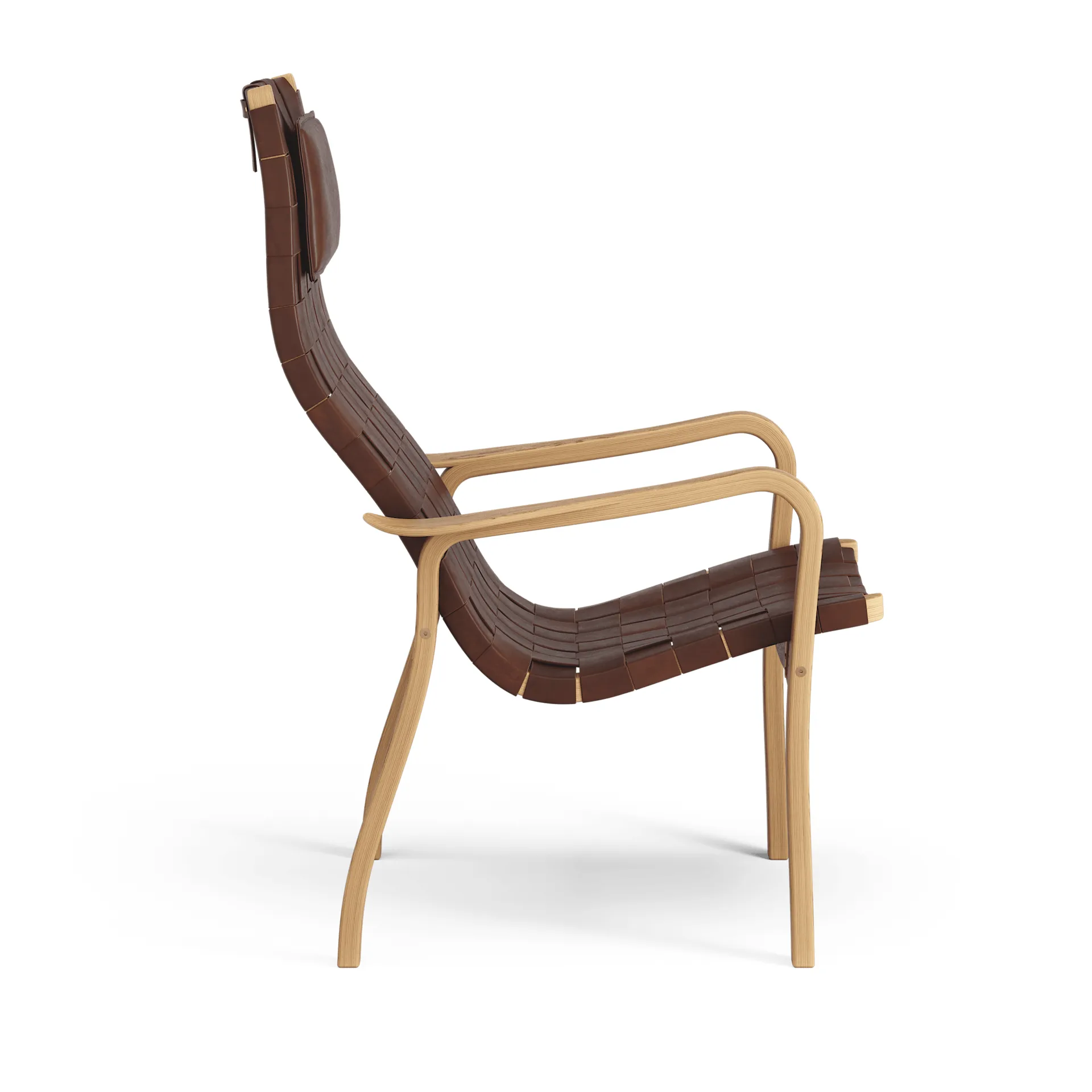 Poltroncina alta con cuscino cervicale Primo in rovere oliato, Marrone rossastro, cuoio Swedese