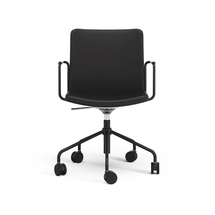Sedia da ufficio Stella regolabile con schienale flessibile, pelle elmosoft 99999 nera, struttura bianca Swedese