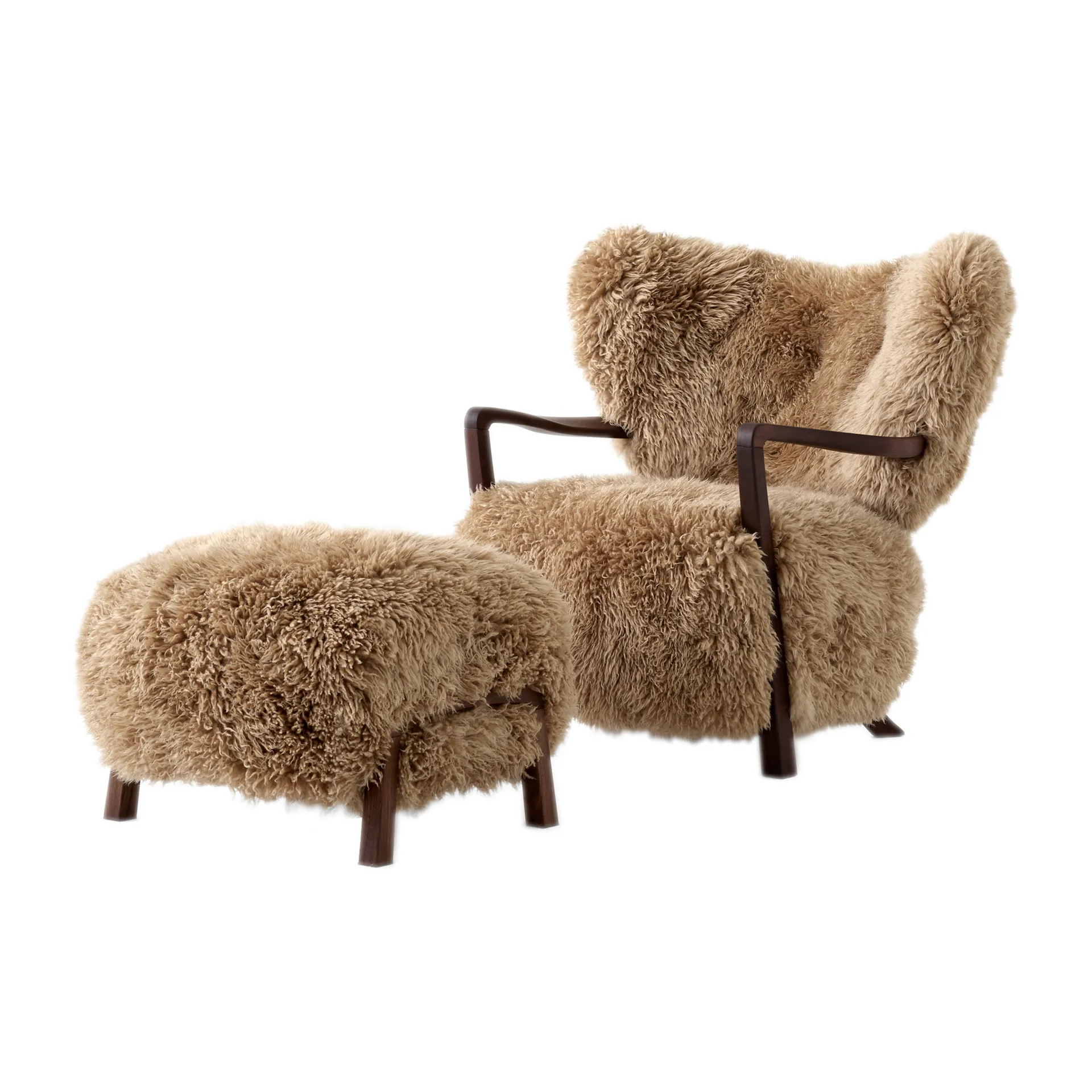 Poltrona ATD2 Wulff, poltrona completa di pouf ATD3, Noce oliato, Sheepskin honey &Tradition