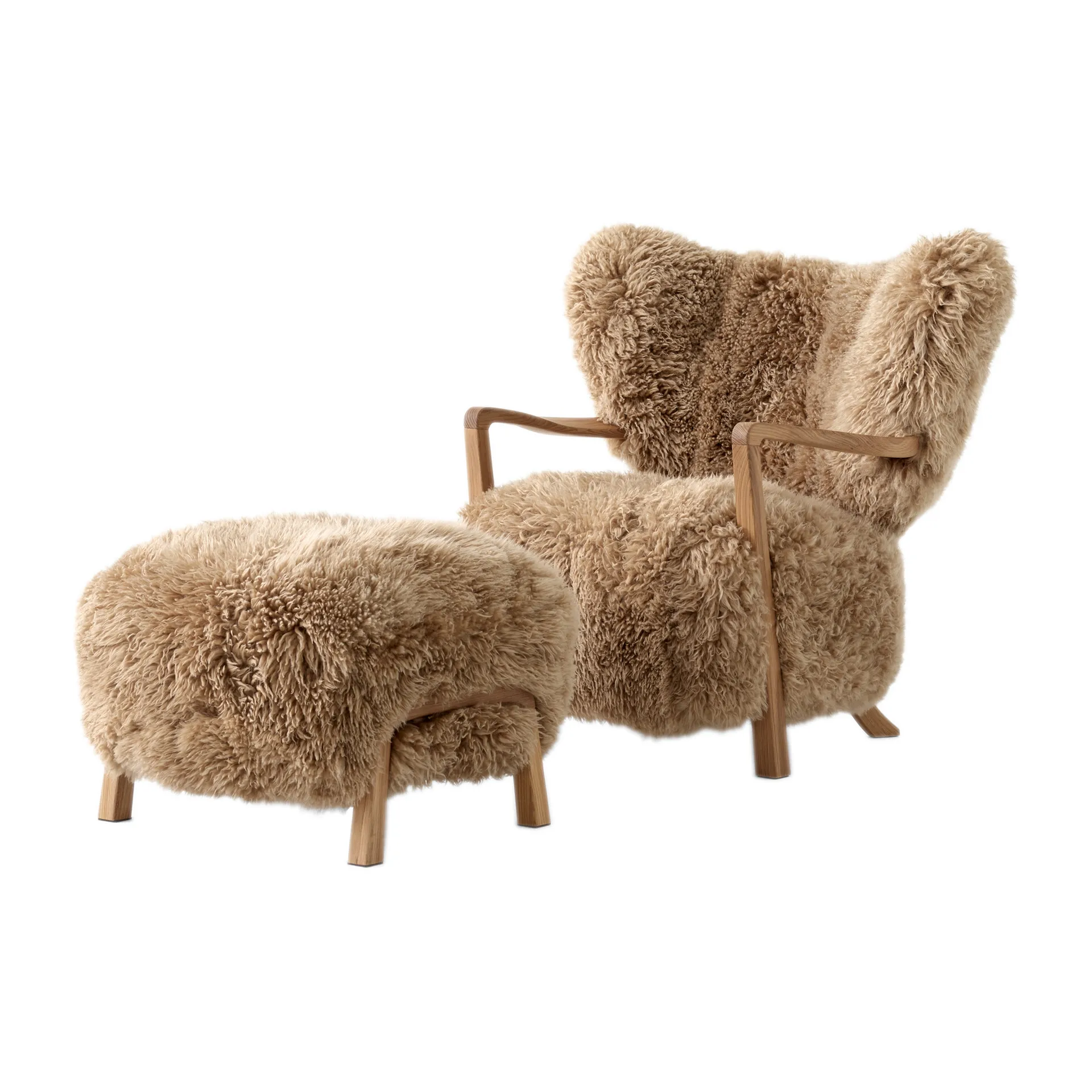 Poltrona ATD2 Wulff, poltrona completa di pouf ATD3, Rovere oliato, Sheepskin honey &Tradition