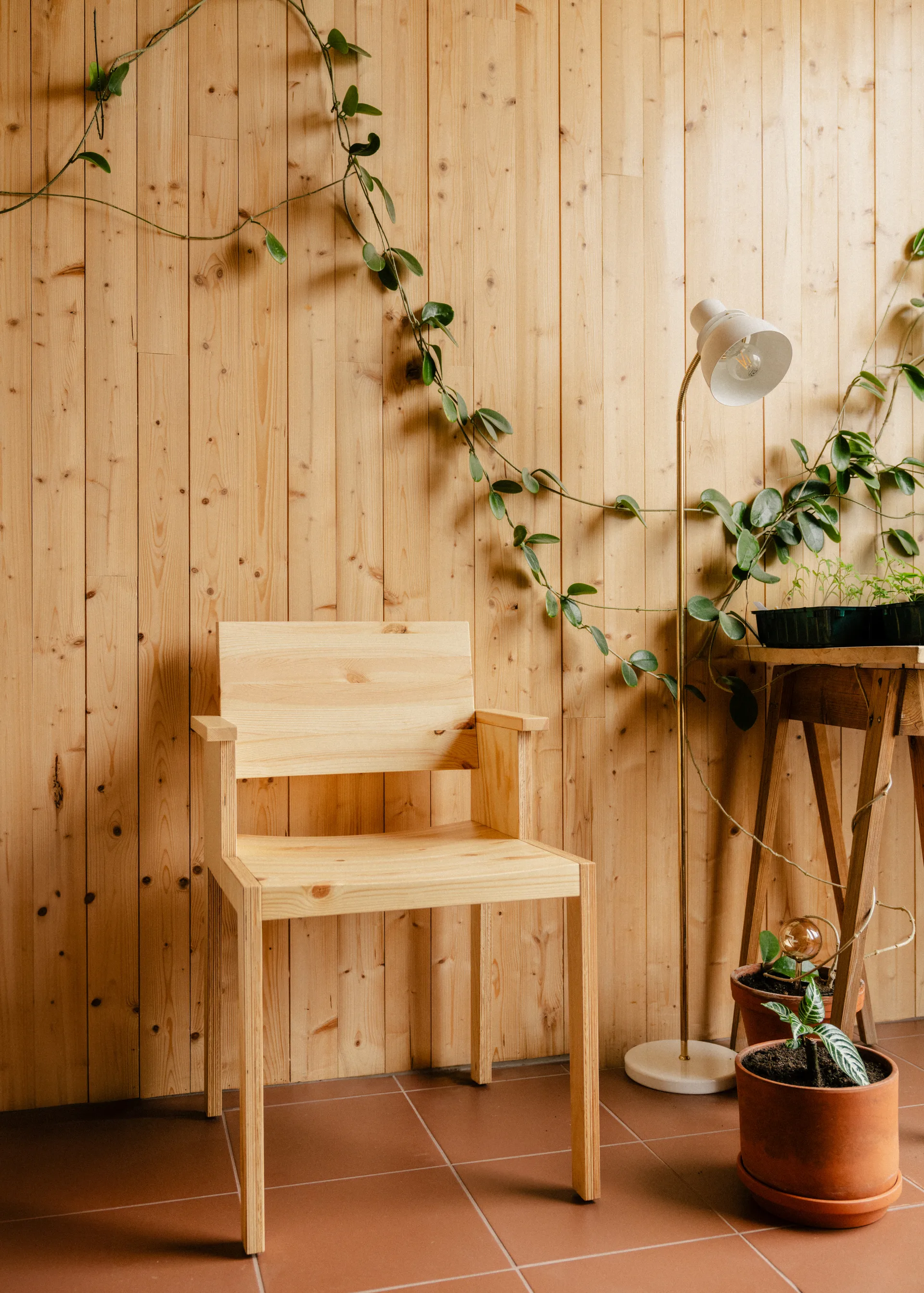 016 Maasto Dining Armchair sedia con braccioli, Pino oliato cerato opaco Vaarnii