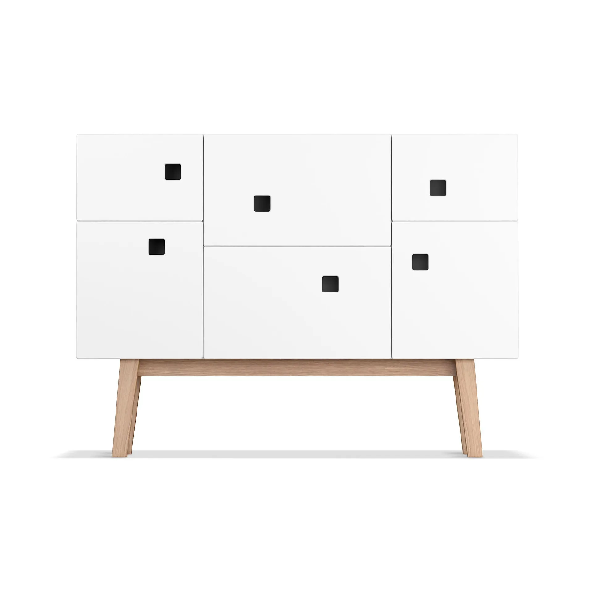 Credenza Peep C2, bianco, retrò, gambe in rovere Zweed