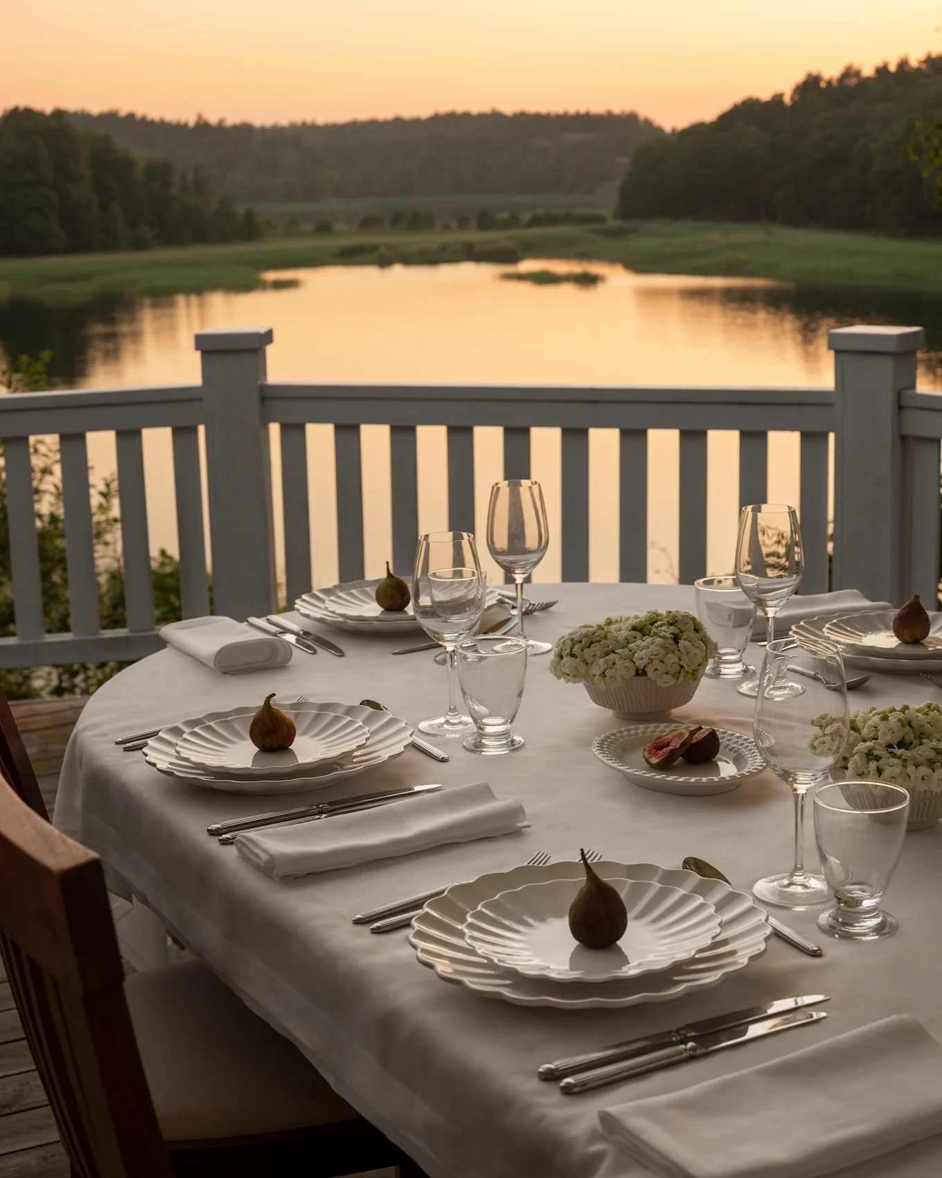 Tavolo da pranzo all'aperto apparecchiato con piatti bianchi smerlati, posate, fichi e fiori, affacciato su un lago al tramonto.