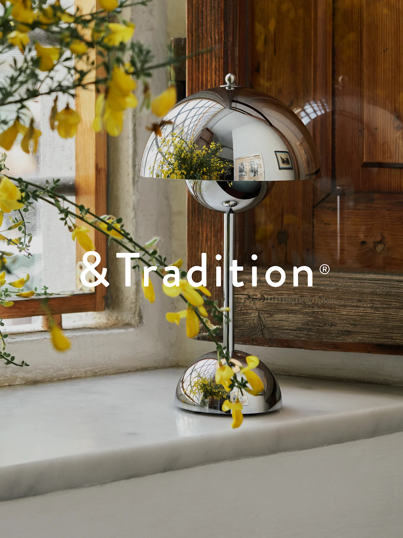 Una lampada da tavolo argentata a forma di cupola su un davanzale bianco con fiori gialli in primo piano. La lampada riflette finestra e fiori. Logo '&Tradition'.