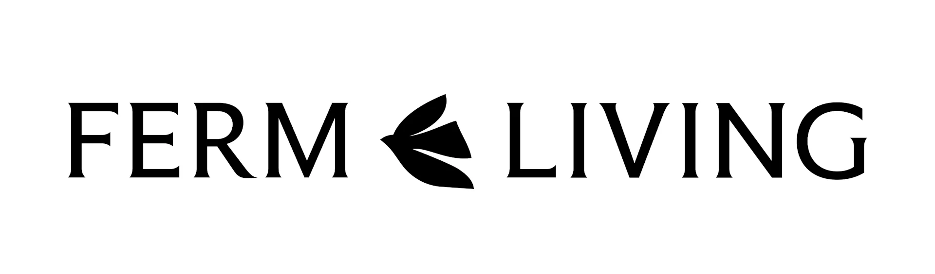 Logo FERM LIVING con un design a foglia stilizzata tra le parole.