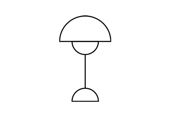 Disegno al tratto di una lampada da tavolo con paralume e base a forma di cupola.