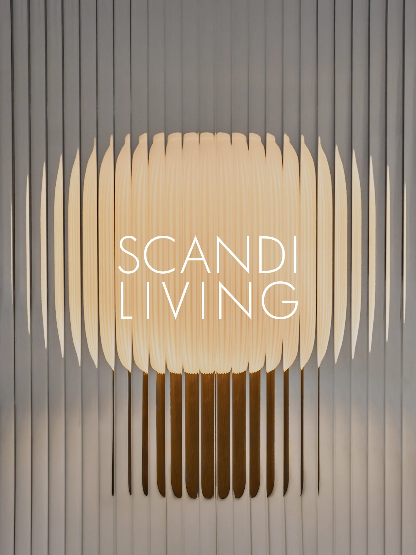 Testo "SCANDI LIVING" su un'opera d'arte da parete in listelli di legno chiaro con un motivo a onde su uno sfondo grigio a coste.