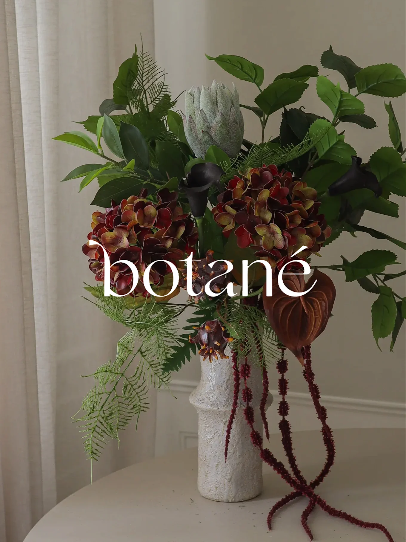 Una composizione floreale con ortensie rosse, una protea e calle nere in un vaso bianco, con la scritta 'botané'.