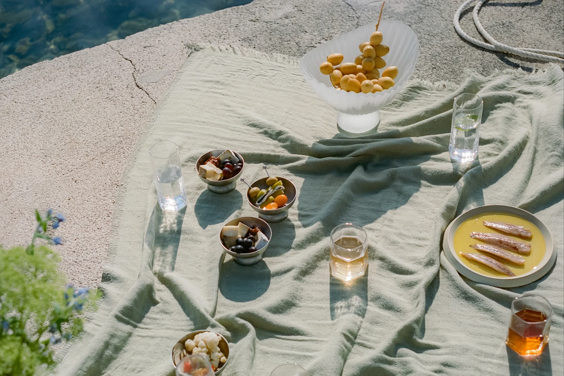 Picnic in riva all'acqua con datteri, formaggio, olive, acciughe e bevande su una coperta verde.