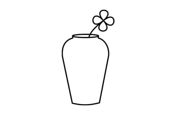 Disegno al tratto di un vaso contenente un singolo quadrifoglio.