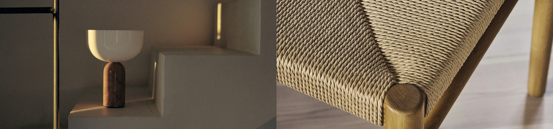 Primo piano di una seduta di sedia intrecciata e una lampada su uno scaffale, che mostra texture e materiali.