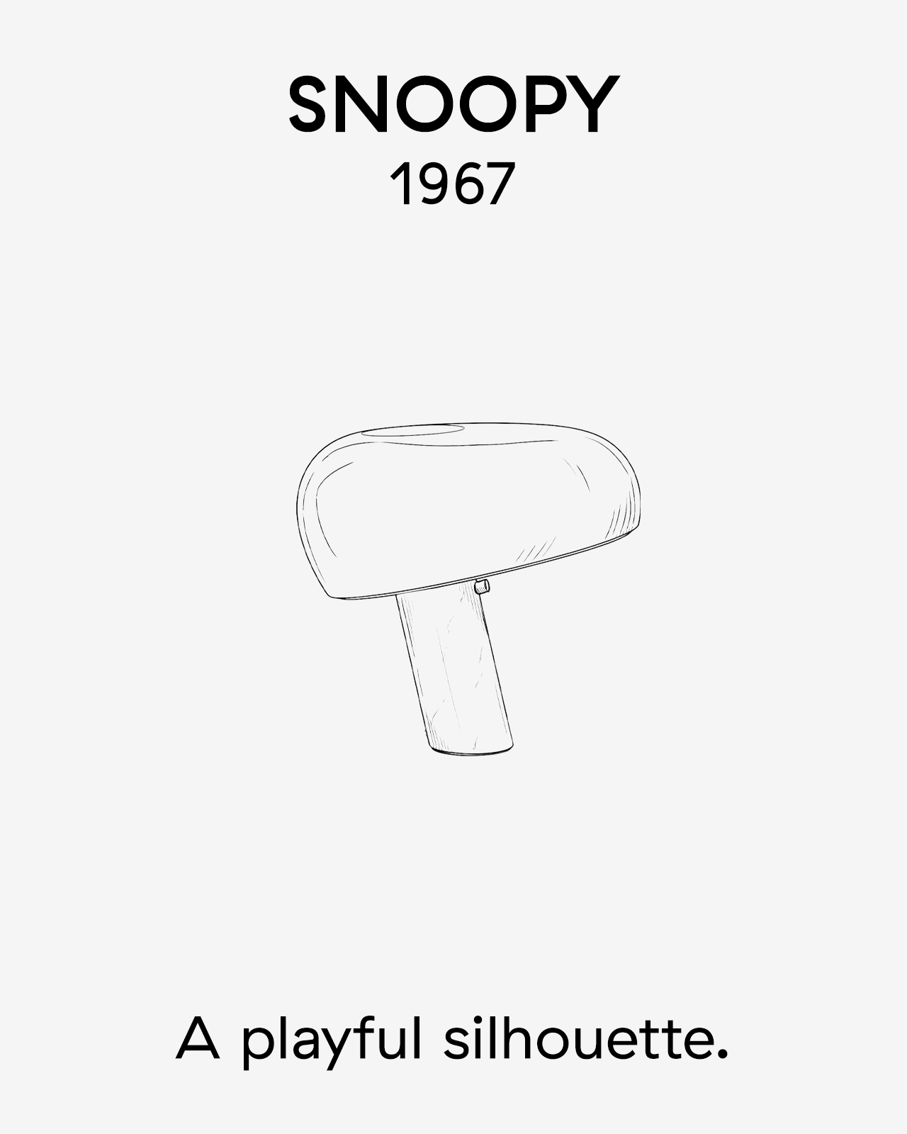 Disegno a linea di una lampada Snoopy del 1967, con una silhouette giocosa a forma di fungo.