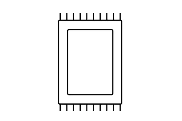 Contorno di un tappeto rettangolare con frange in alto e in basso.
