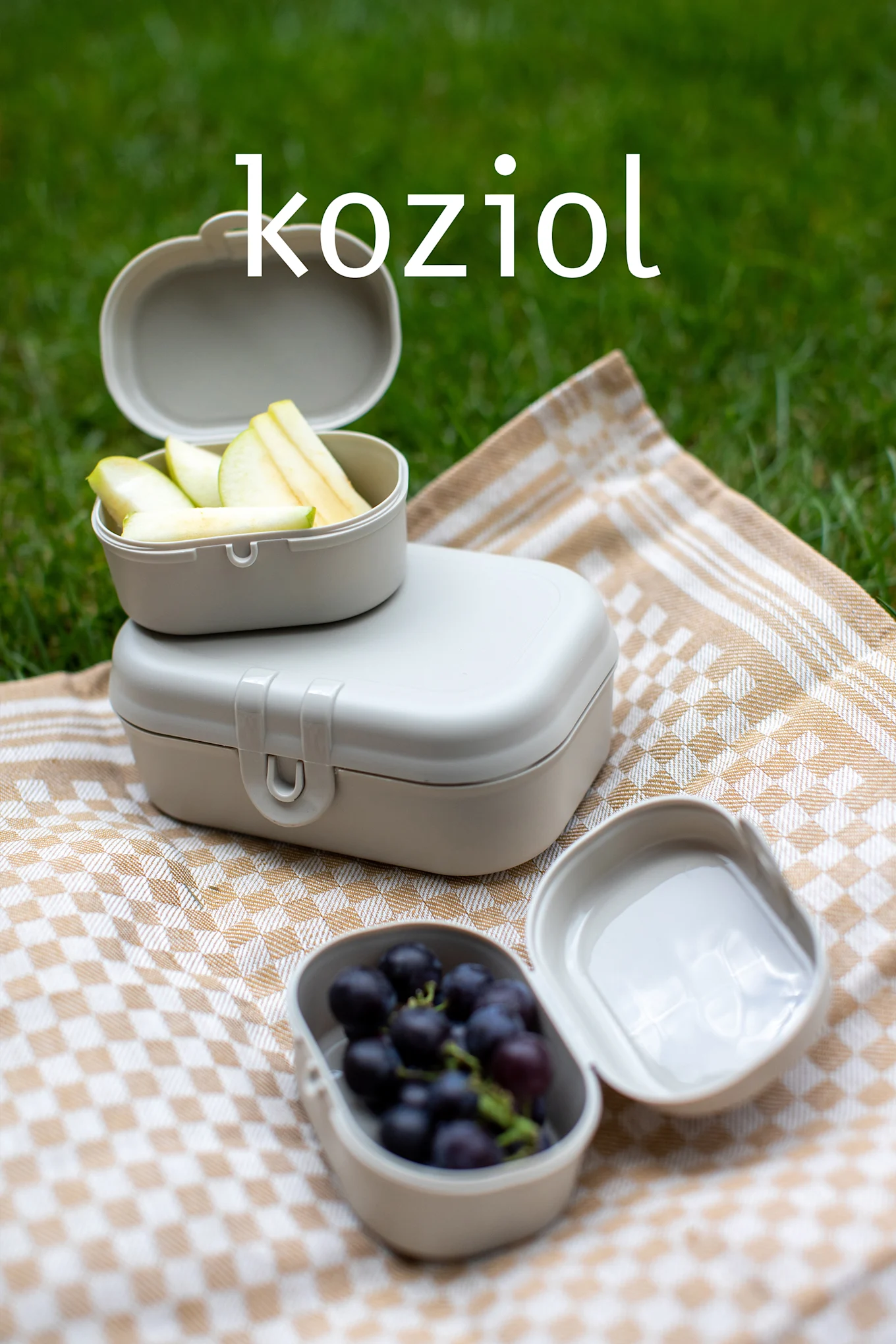 Tre contenitori per alimenti beige chiaro su una coperta a scacchi con mele e uva, sull'erba. Testo: koziol.