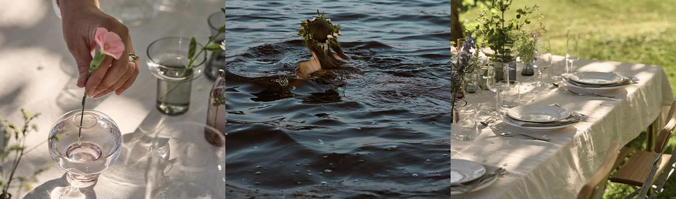 Trittico: mano con fiore rosa in vaso, persona con corona di fiori in acqua, e tavolo esterno apparecchiato con fiori.
